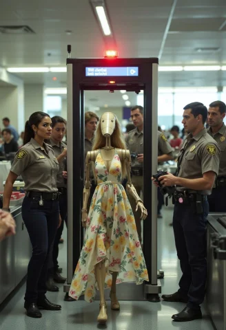 A Comical Scene At An Airport Security Checkpoint, Where A S... — FLUX AI Prompt: A comical scene at an airport security checkpoint, where a Star Wars battle droi...