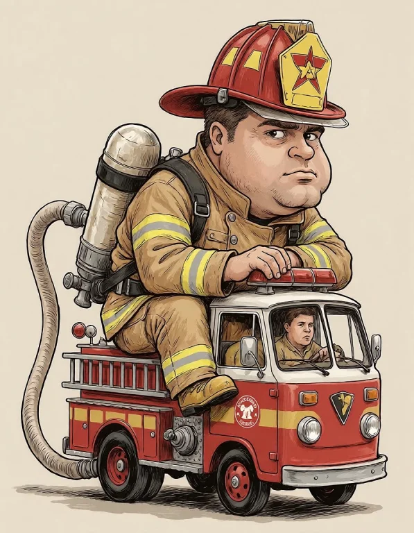 The Firefighter In A Tiny Fire Truck Huge Firefighter Cramm...