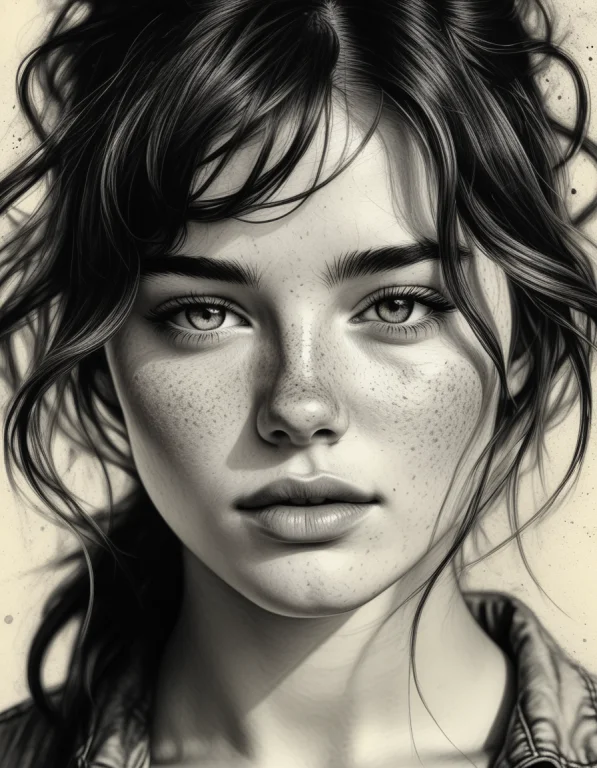 Smooth Quality , A High-detail Pen And Ink Portrait Of A You...
