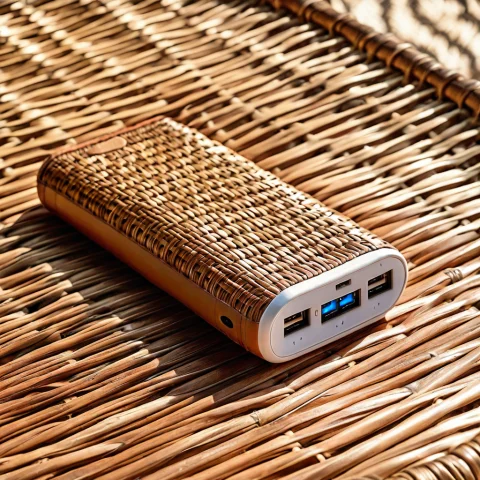 TechRattan Portable Power Bank — SDXL AI Prompt: , techrattan, a portable power bank on a woven rattan wicker texture, soft natur...