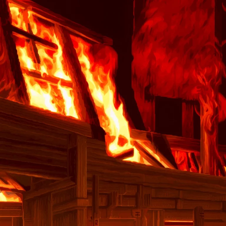 Sfpx Style, A Burning Japanese House At Night, Red Firelight...