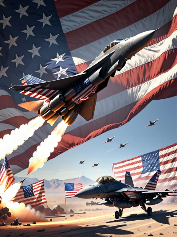 America, Fighter Jet, Militaristic Usa Flag Combat Fighting...
