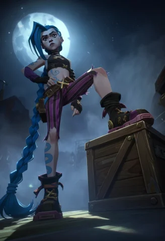 An Epic Low-angle Eerie Dutch Angle Wide Shot Of Jinx, Illum... — Stable Diffusion AI Prompt: An epic low-angle eerie Dutch angle wide shot of Jinx, illuminated by moonlight,...