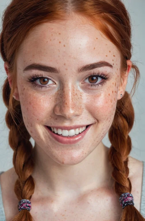 Beautiful Lady, Freckles, Big Smile, Ruby Eyes, Pigtails Hai...