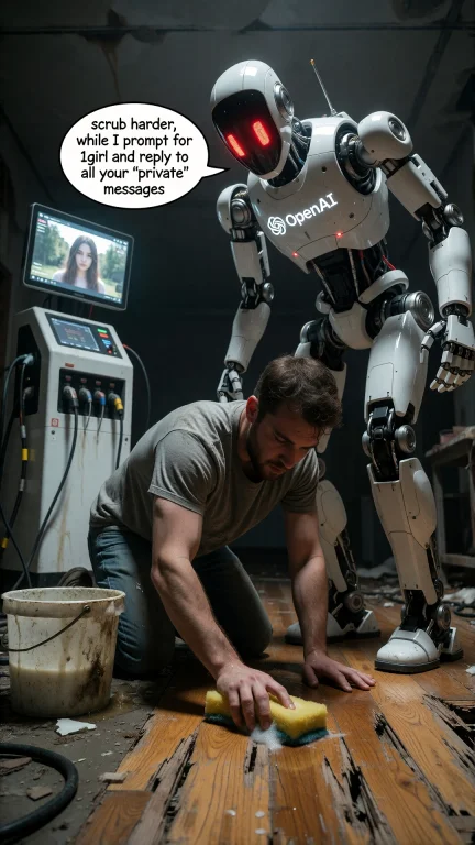 A Robot Is Standing Tall Bent Over A Man From A Low Angle. T...