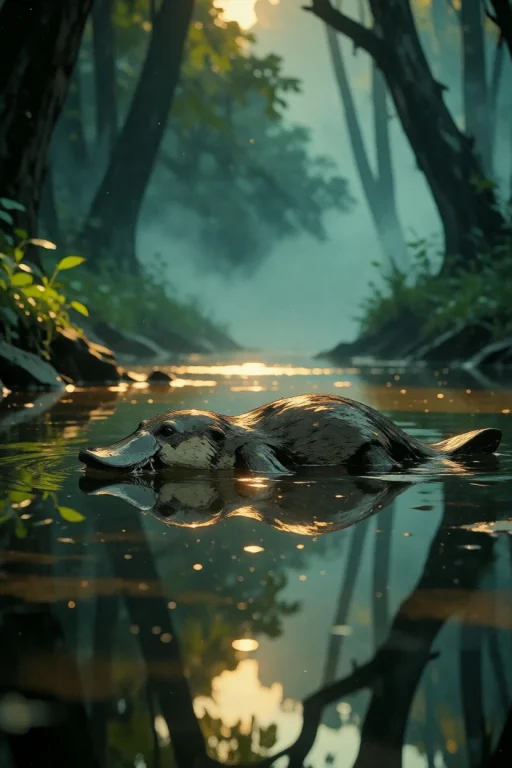 Nature, A Full-body Platypus Swimming At The Surface Of A St...