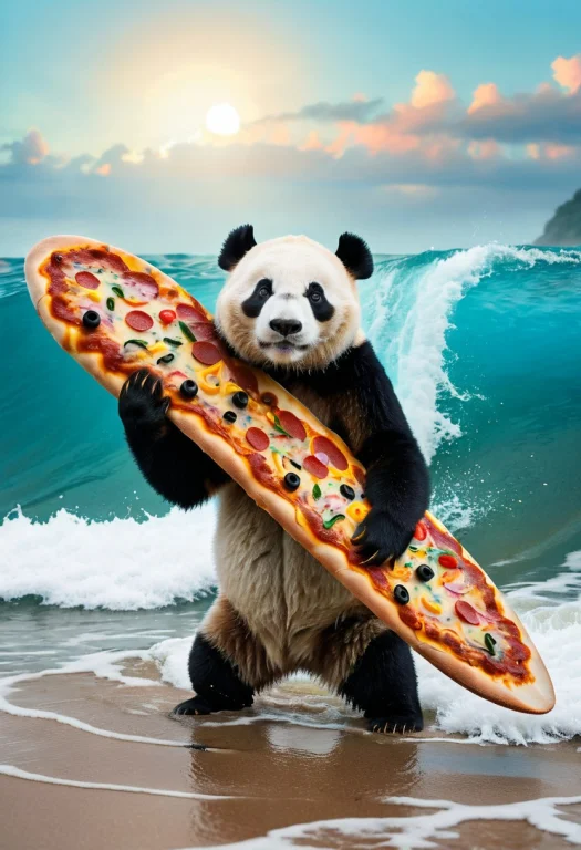 Portrait Of A Cute Panda Surfing On A Giant Pizza Slice In A...
