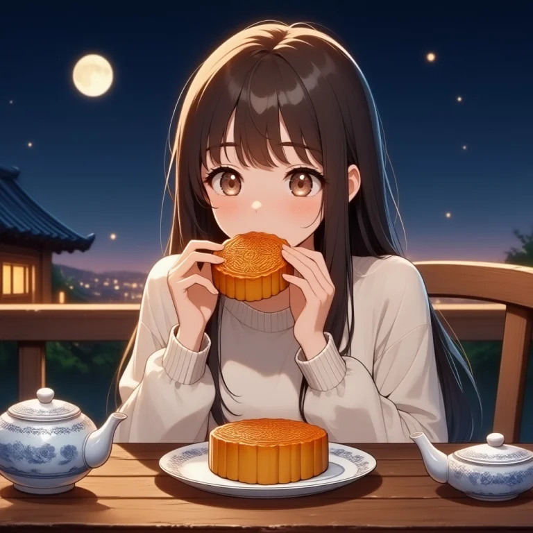 Mooncake, 1girl, Solo, Full Moon, Night Sky, A Cozy Evening...