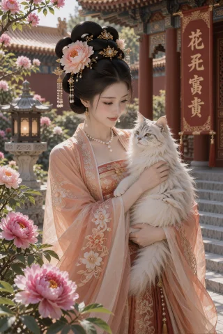 , A Woman In Her Early Twenties Cradles A Large White Long-h... — Stable Diffusion AI Prompt: 古装, a woman in her early twenties cradles a large white long-haired cat and sm...