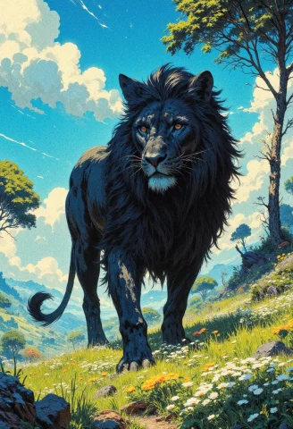 Soft Bloom A Majestic Black Lion Walking Gracefully Through... — FLUX AI Prompt: (soft bloom) A majestic black lion walking gracefully through a lush green savan...