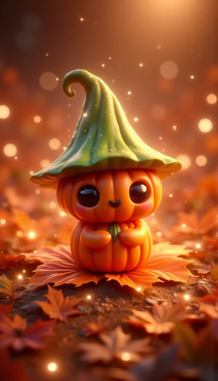 Pinkchibihalloween,a Small Pumpkin Wearing A Green Stem Hat,...