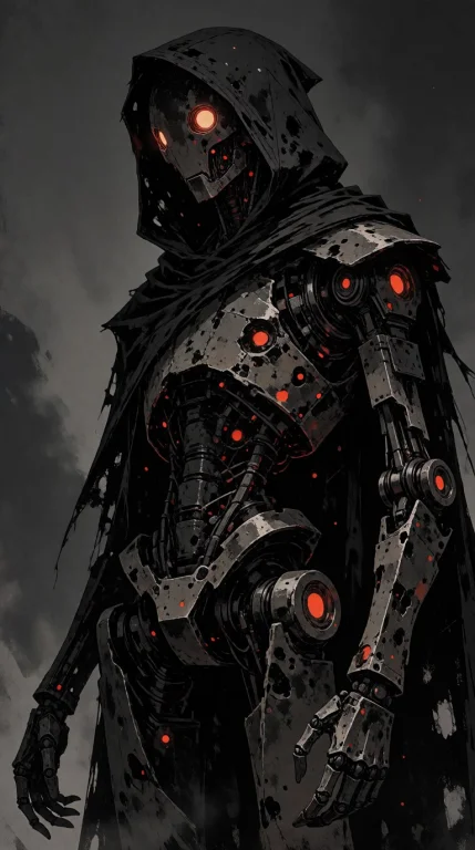 Digital Painting Of A Dark Menacing Robot With A Hooded Tatt...