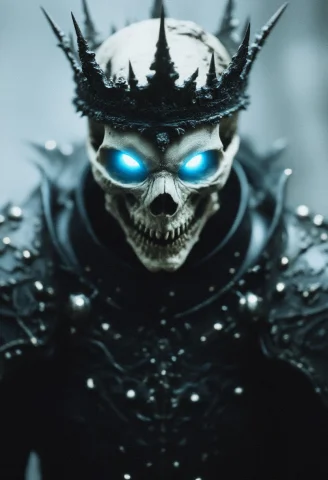 A Skeletal King Wears A Menacing, Spiked Crown, Its Jagged P... — Stable Diffusion AI Prompt: A skeletal king wears a menacing, spiked crown, its jagged points casting sharp...