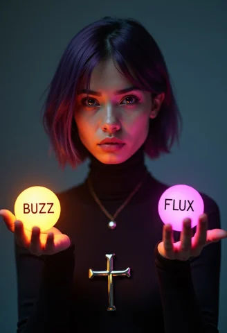 The Image Centers On A Striking Young Woman With Tan Skin An... — FLUX AI Prompt: The image centers on a striking young woman with tan skin and deep red eyes, her...