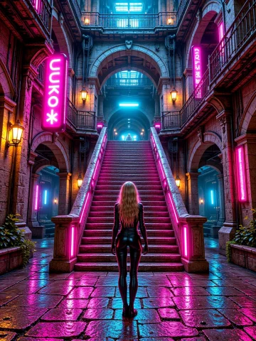 Hcc, St41rc4s3, Front View Of A Blonde Long Wavy Haired Woma... — Stable Diffusion AI Prompt: HCC, st41rc4s3, front view of a blonde long wavy haired woman in black leather s...