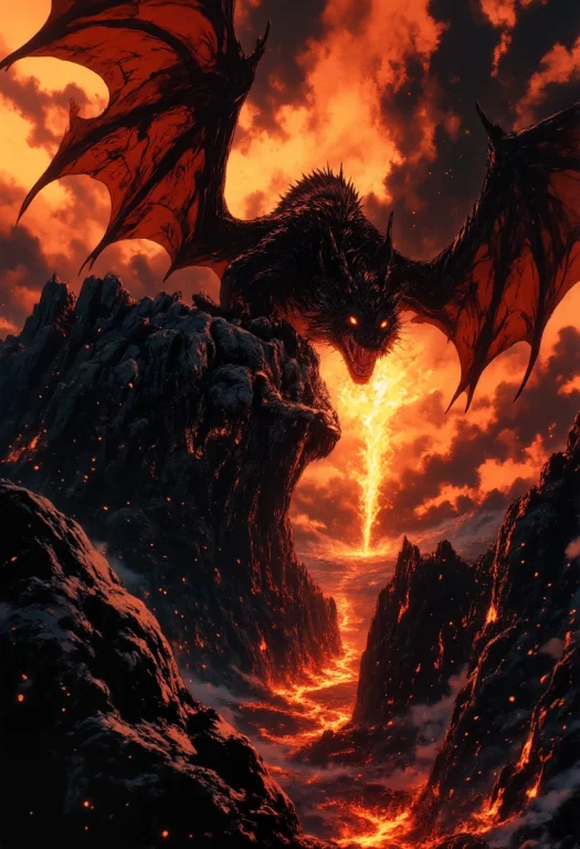 Massive Majestic Black Dragon Perched On Jagged Rocky Mounta...