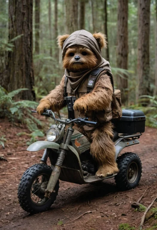 A Full Body Photo Of An Ewok On Endor, Its Carrying An Uzi A...