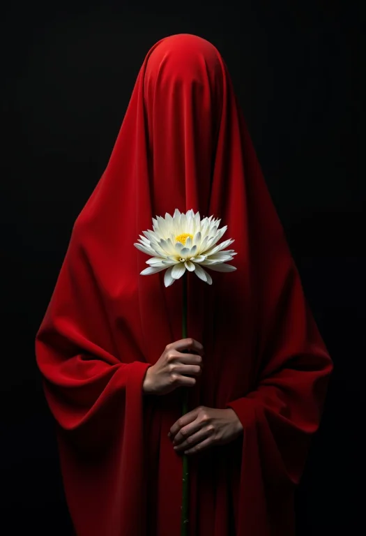 Red Cloth Draped Figure, White Chrysanthemum, Conceptual Por...