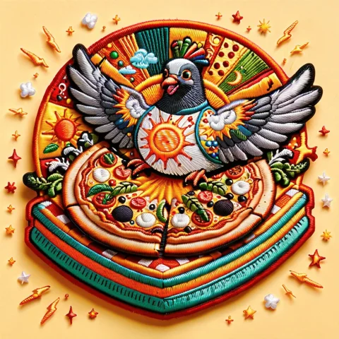 Ral-embroideredpatch, A Patch With Sunbursts Of A Fat Pigeon... — SDXL AI Prompt: ral-embroideredpatch, a patch with sunbursts of a Fat pigeon nesting in a pizza,...