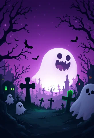 Halloween Theme, Spooky Graveyard With Ghostly Creatures And... — FLUX AI Prompt: halloween theme, spooky graveyard with ghostly creatures and purple sky, higligh...