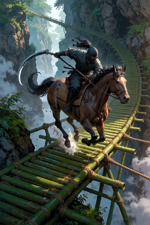 , Ninja Riding A Galloping Horse Across A Bamboo Bridge Over...