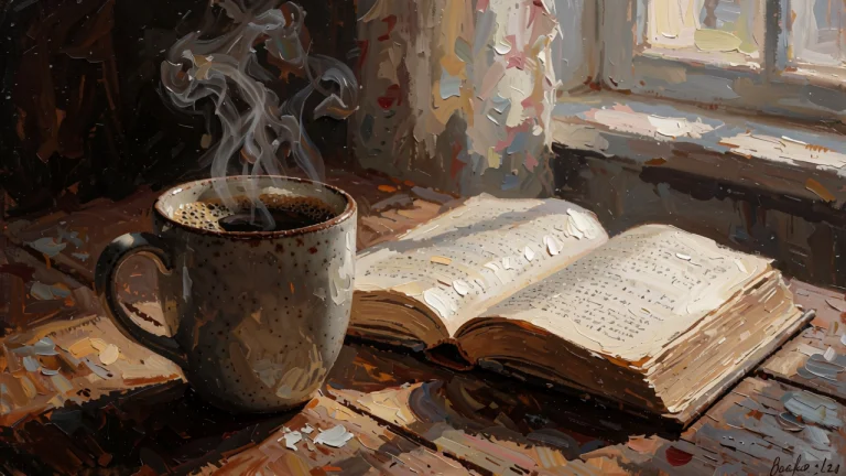 A Steaming Ceramic Mug Of Coffee Next To An Open Book On A W...