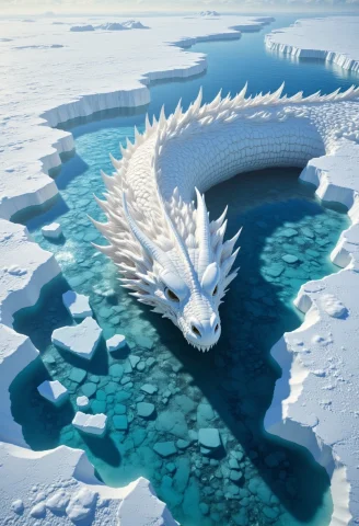 Aidmamj6.1. A White Colossal Dragon Is Encased Under A Froze... — FLUX AI Prompt: aidmaMJ6.1. A white colossal dragon is encased under a frozen lake. An aerial vi...