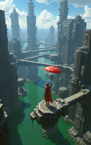 A Futuristic Cityscape. At The Center Is A Female Warrior In... — Stable Diffusion AI Prompt: a futuristic cityscape. At the center is a female warrior in red armor, wearing...