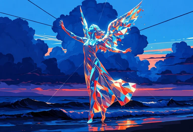 An Translucent Angel Made Of Crystal Dancing On The Ocean, D...
