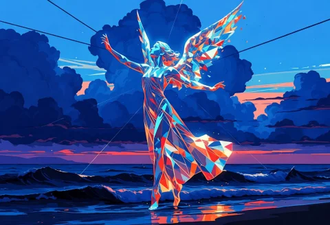An Translucent Angel Made Of Crystal Dancing On The Ocean, D... — Stable Diffusion AI Prompt: An translucent angel (made of crystal) dancing on the ocean, dusk time. Volumetr...