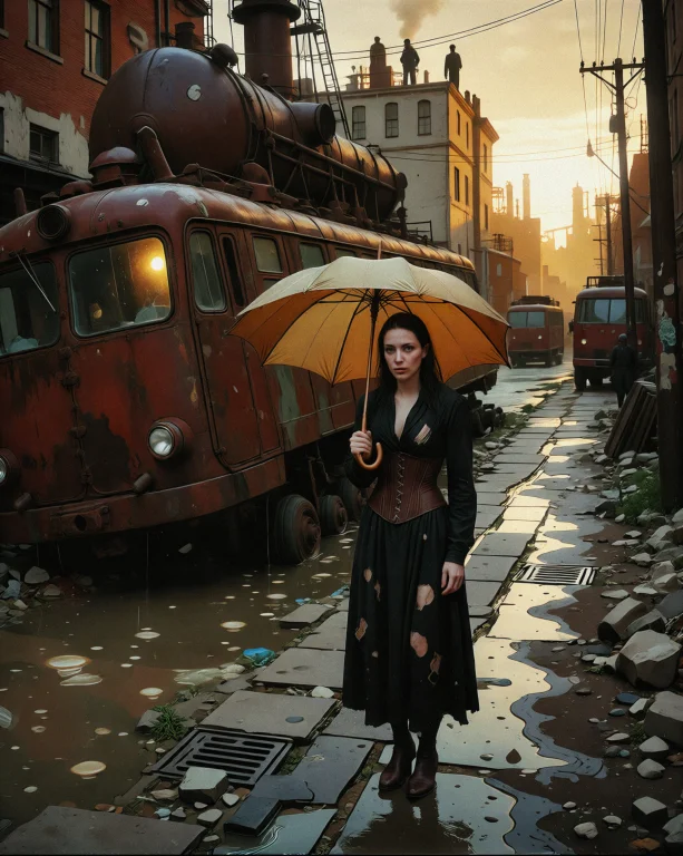 A Woman In A Torn Dark Dress And Corsetry Stands In Heavy Ra...
