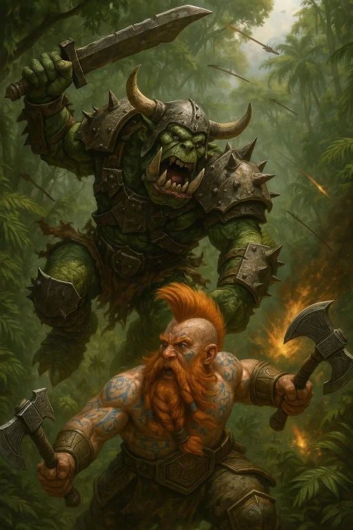 Generate Me A Battle Between A Greenskin Ork And A Dwarf. Th...