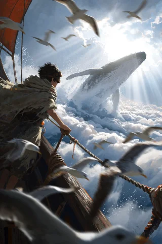 Fantasy Boat and Whale Art Prompt — Stable Diffusion AI Prompt: A breathtaking high-altitude fantasy artwork captured from a tilted low camera a...