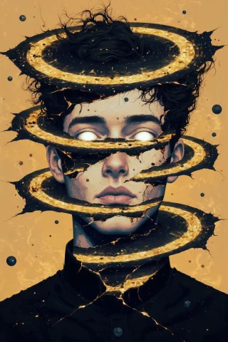 Cynthiaportrait. A Surreal Flat-style Portrait Of A Man Whos... — Stable Diffusion AI Prompt: CynthiaPortrait. A surreal flat-style portrait of a man whose head is breaking a...