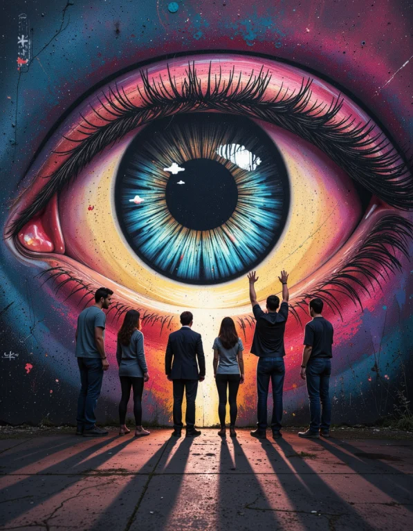Several People Are Trying To Enter A Large Eye,oil Painting...
