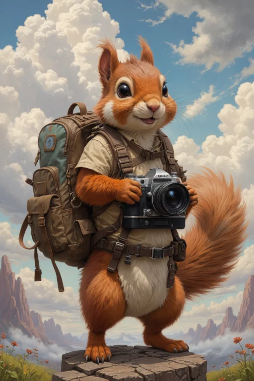 Tiny Squirrel With Big Giant Backpack With Camera In Hands C...