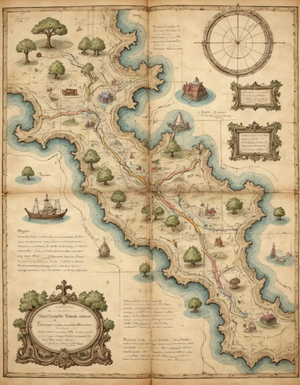 On Parchment Top-down View Map With Elaborate Annotated Road...