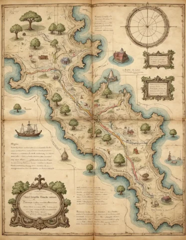 On Parchment Top-down View Map With Elaborate Annotated Road... — Stable Diffusion AI Prompt: on parchment top-down view map with elaborate annotated roads and rivers pictogr...