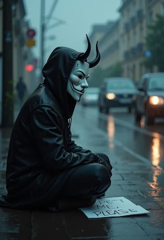 Demon Oni With A Mask Sitting In The Rain, Black Ink Tears F... — FLUX AI Prompt: demon oni with a mask sitting in the rain, (black ink tears from eyes),tears, te...