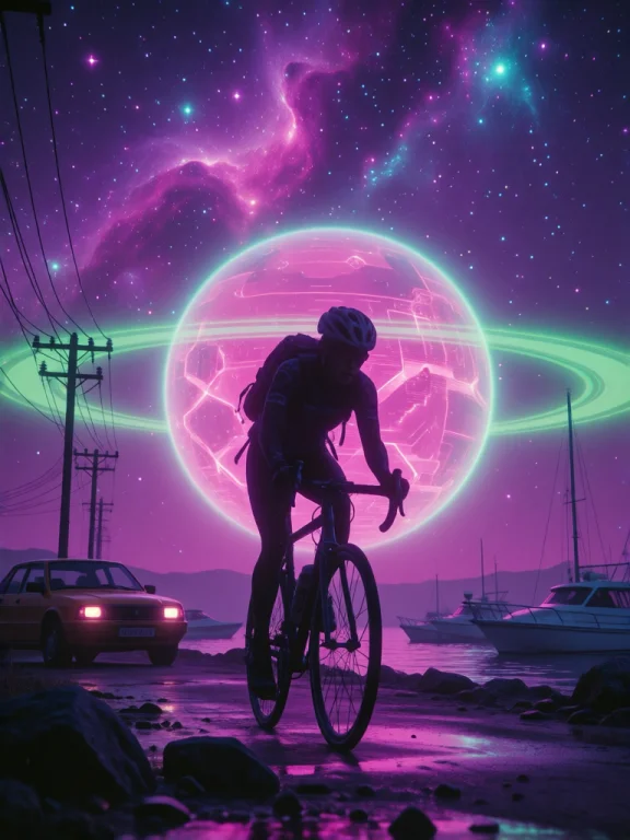 Digital Artwork Depicting A Silhouetted Cyclist In A Dark, P...