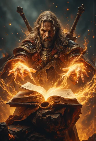 Depict An Epic And Heroic Scene Featuring A Battle-hardened... — FLUX AI Prompt: Depict an epic and heroic scene featuring a battle-hardened sorcerer in the mids...