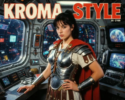 1990s Magazine Cover With Title Kroma Style, Analog Style, A... — Stable Diffusion AI Prompt: 1990s magazine cover with title "KROMA STYLE", analog style, A fearless roman fe...