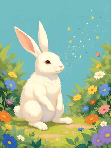 A Single Rabbit Sits Peacefully In A Vibrant Outdoor Setting... — FLUX AI Prompt: A single rabbit sits peacefully in a vibrant outdoor setting, illustrated in Stu...