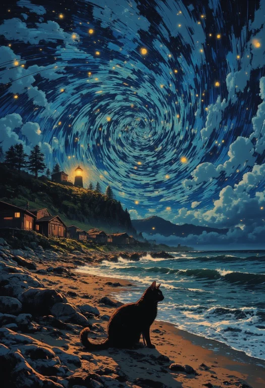 On The Beach At Night, Under A Bright Starry Sky With Swirl...