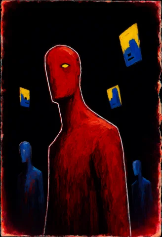 Haunted Triptych Art Prompt — Stable Diffusion AI Prompt: A haunting triptych of monolithic, red-skinned figures looms against a void that...