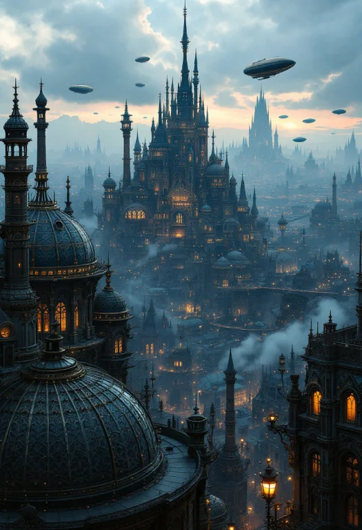 Depicting A Sprawling, Fantastical Cityscape With A Steampun...