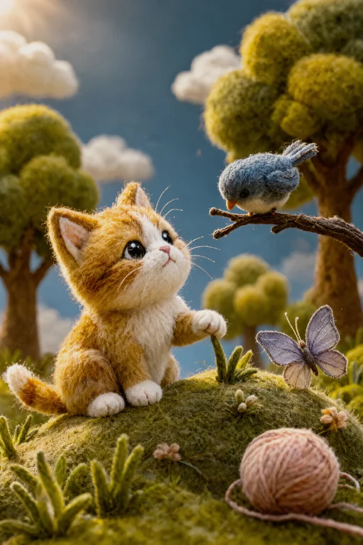 A Warm, Whimsical Macro Scene Shows A Handmade Textile World...