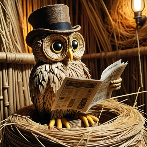 Woven Owl Top Hat Toilet Art — SDXL AI Prompt: an owl wearing a monocle and top hat perched on a toilet cistern reading a newsp...