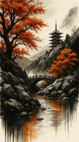 A Peaceful Temple Garden Scene, With Pagoda And Stone Bridge... — FLUX AI Prompt: a peaceful temple garden scene, with pagoda and stone bridge, originally painted...