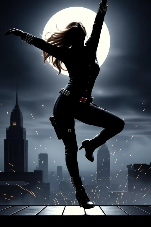 Black Widow Leaping From A Rooftop Under Moonlight, Hair Flo...